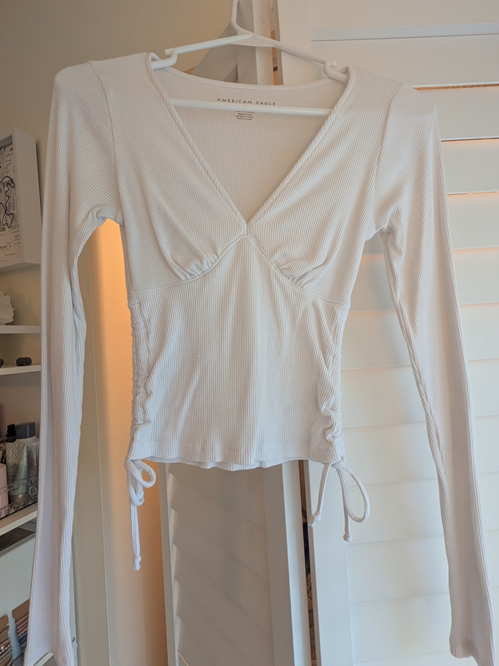 American Eagle Outfitters White Ribbed Long Sleeve V-Neck with Side Ties